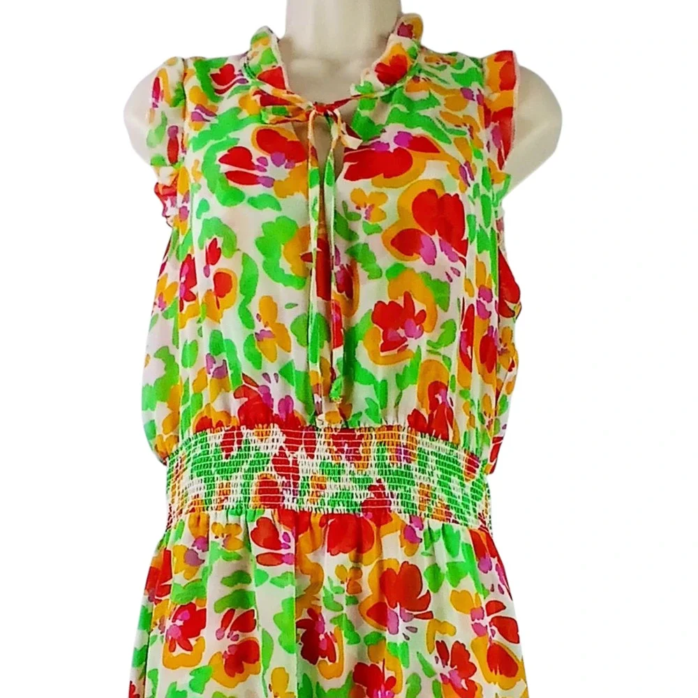 CAbi SZ M Spirit Dress Chiffon Smocked Ruffled Floral 6216 - Picture 3 of 5